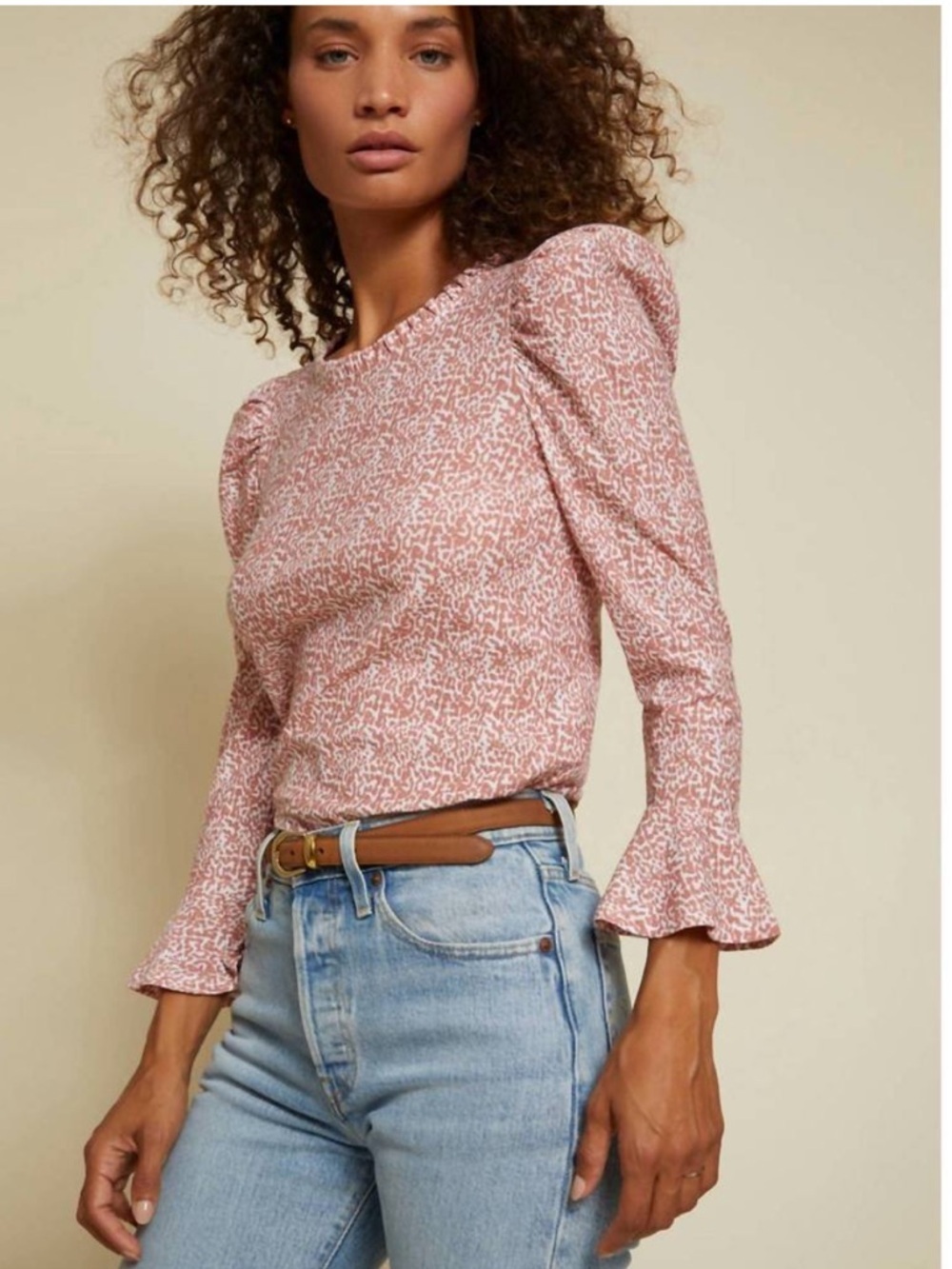 Nation LTD Vella Edwardian Top Blushing Cheetah Puff Sleeve Pima Cotton S